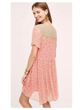 Anthropologie Maeve Morning Glory Pink Floral Chiffon Tunic Dress sz 12